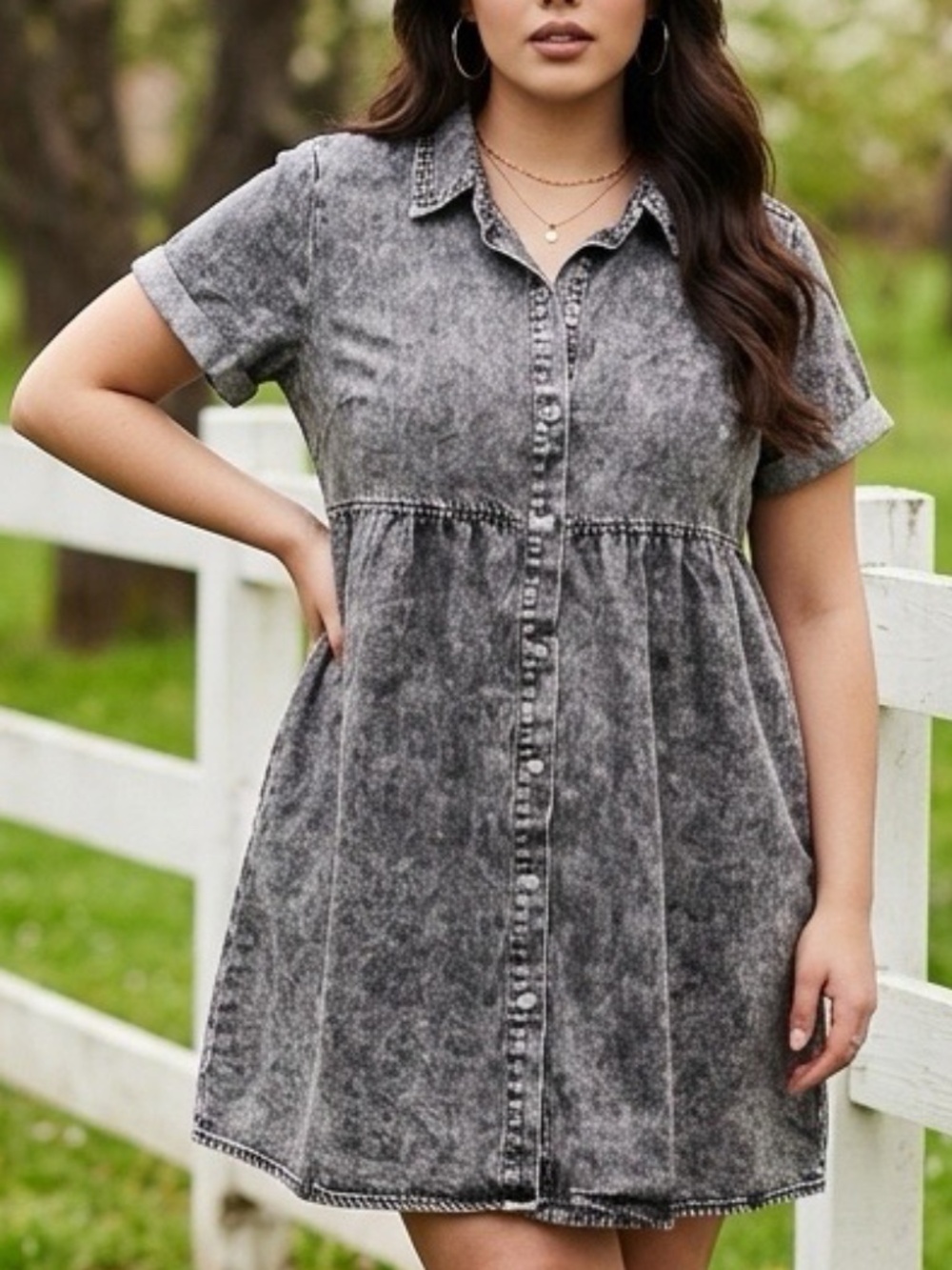 Stonewash Babydoll Denim Dress Womens Large Cotton Button Front Knee Length